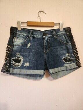 Miss Sixty Vintage Y2K Distressed Denim Shorts Sequin Stud Italy Sz 28